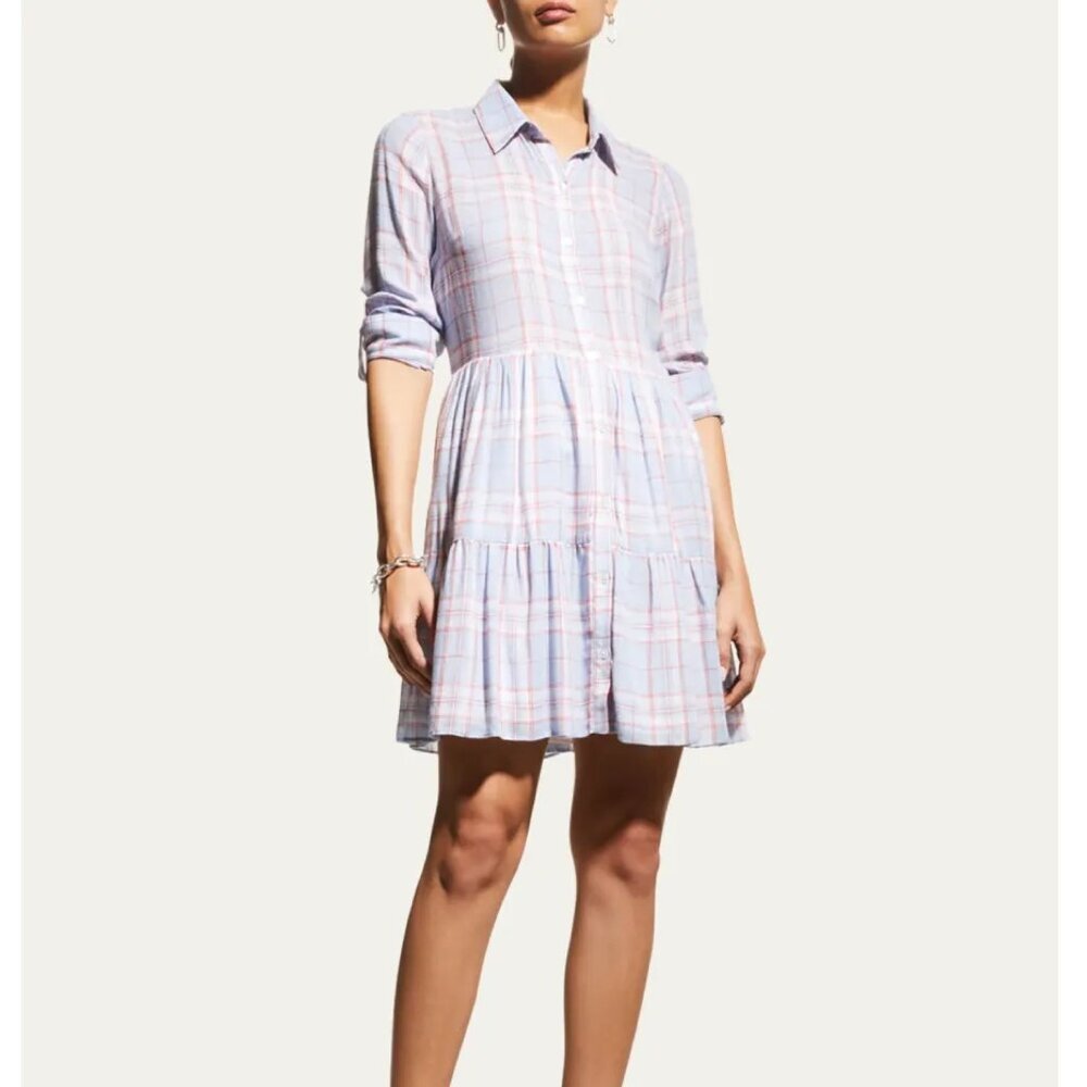 Veronica Beard Jemila Plaid Tiered Linen Blend Shirt Dress
